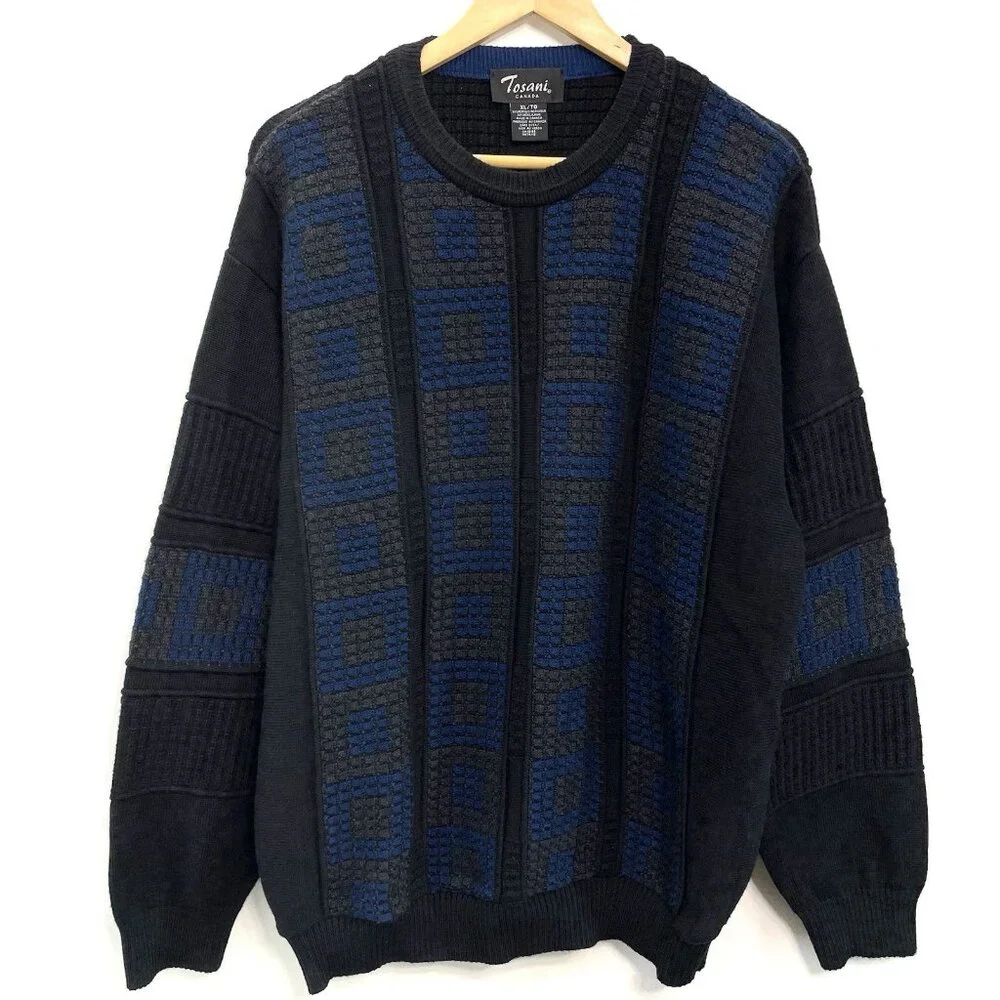 Vintage Tosani Crew Neck Sweater Chunky Waffle Knit Geometric Wool Black Mens XL